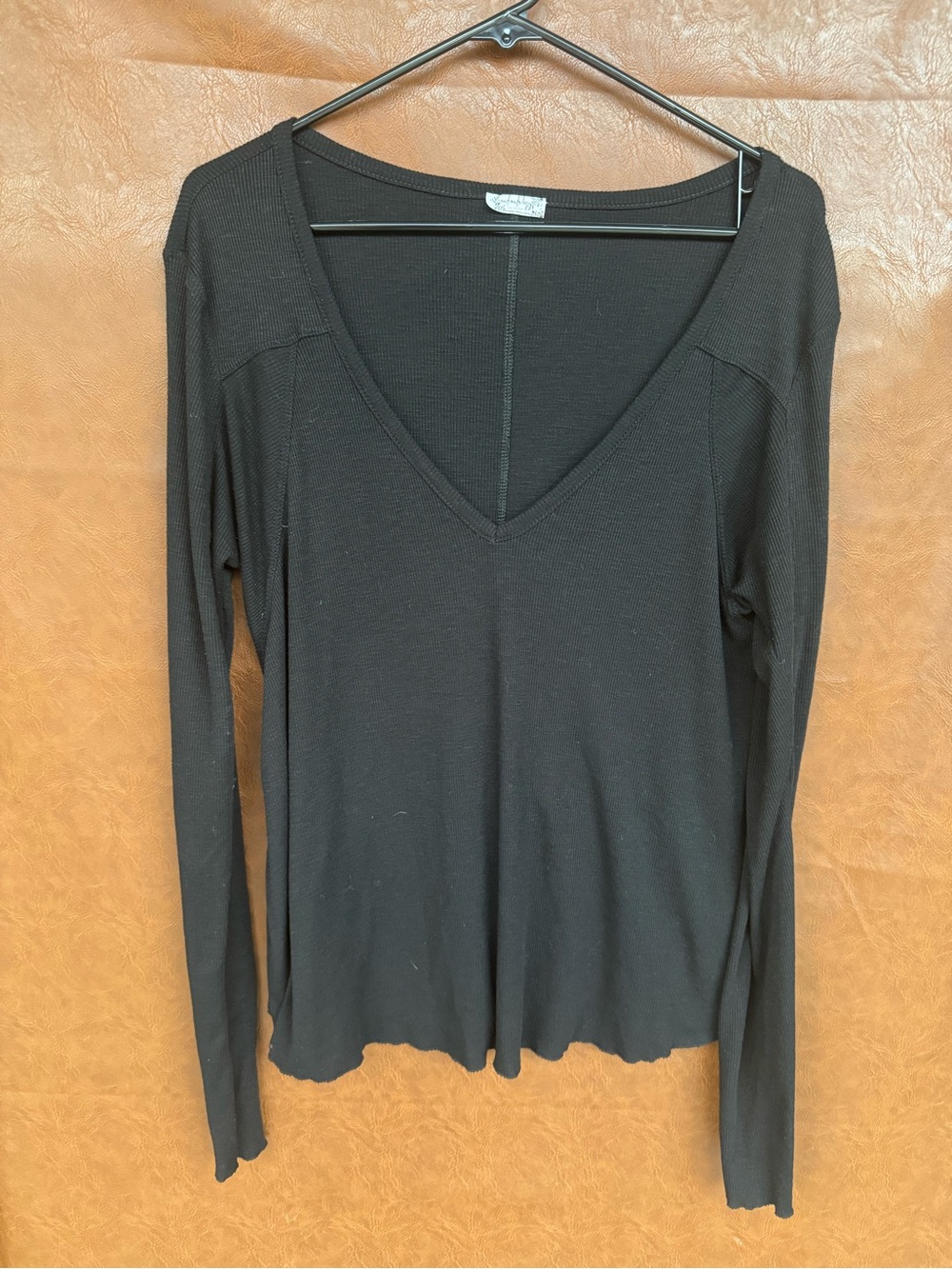 Intimately Free People Womens L Black Deep V Neck Thermal Ribbed Long Sleeve Top